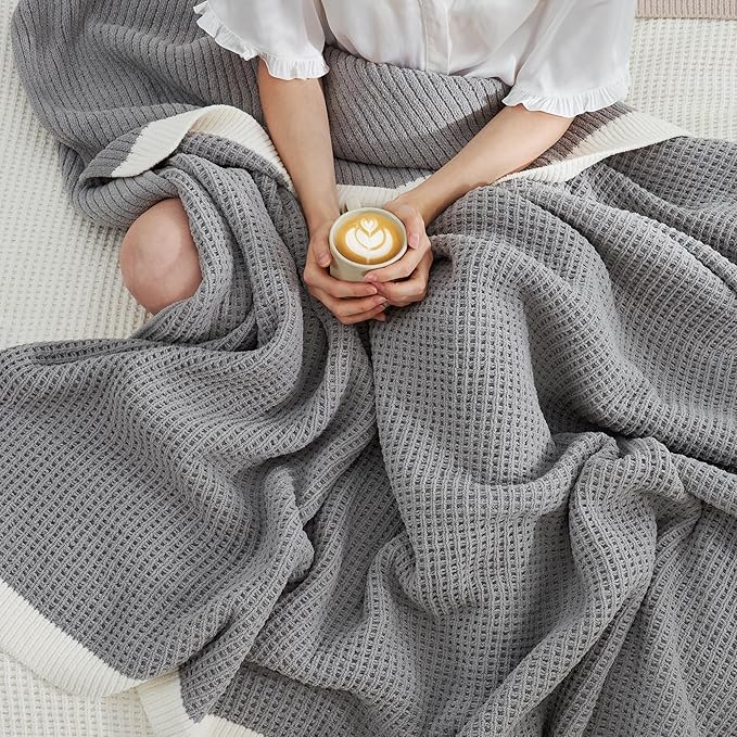 Amélie Home Waffle Throw Blanket for Couch Twin, Soft Cozy Chenille Knit Blanket Warm Decorative Throw for Sofa, Bed, Living Room, 60"x80", Grey