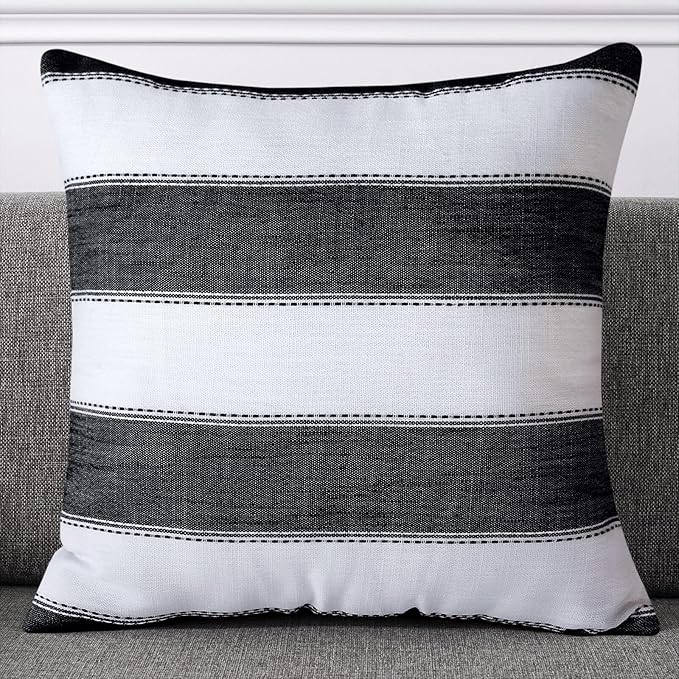 AmHoo Pack of 2 Farmhouse Stripe Check Throw Pillow Covers Set Case Cotton Linen Decorative Pillowcases Cushion Cover for Couch Bench Sofa 18x18Inch Black