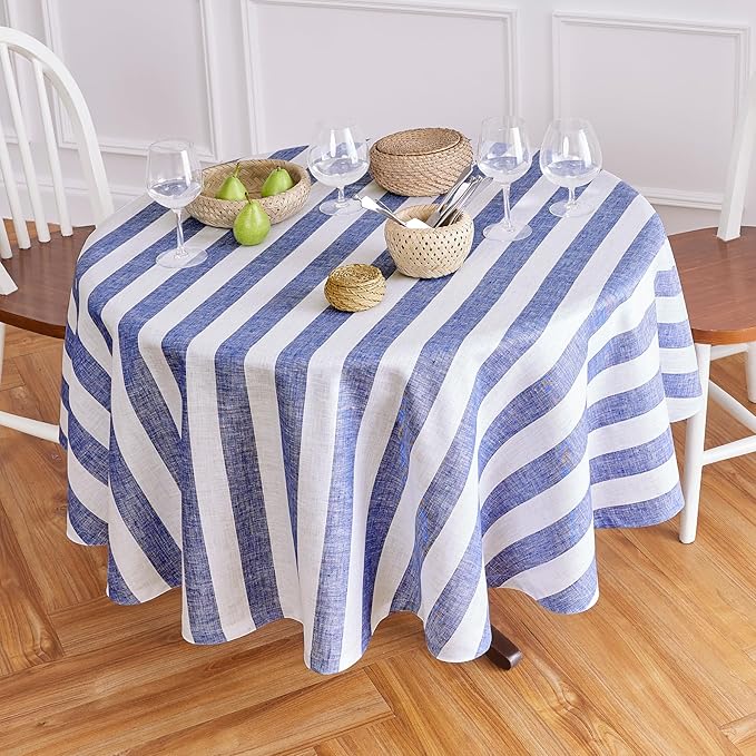 Solino Home Linen 60 Inch Round Tablecloth - Cabana Stripe, 100% Pure Linen Navy and White Round Tablecloth - Machine Washable Table Cloth for Fall, Autumn, Thanksgiving, Winter