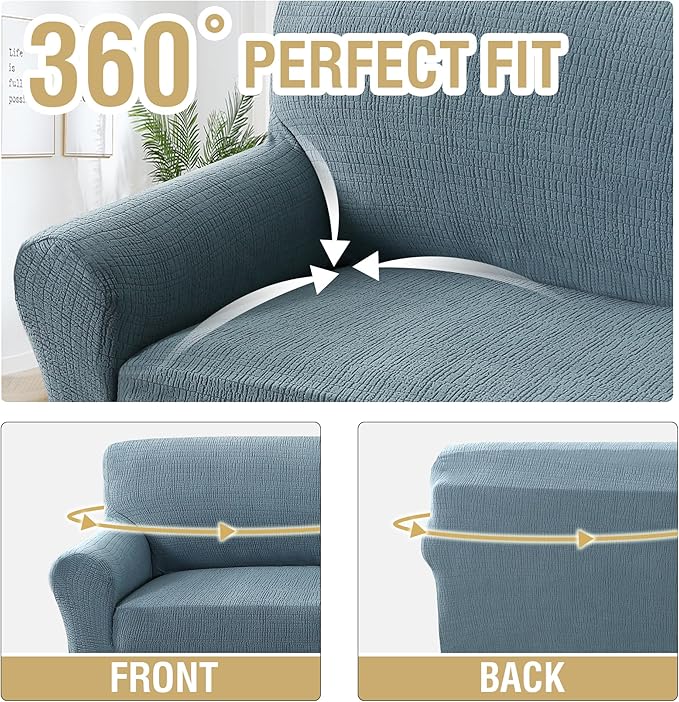 H.VERSAILTEX Jacquard Sofa Slipcover with Waterproof Seat Furniture Protector 1 Piece Stretch Sofa Covers with Elastic Bottom for Kids, Pets, Dog(Sofa L, Stone Blue)