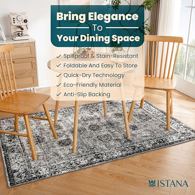 Istana 4x6 Area Rug - Dark Grey Rugs for Living Room 4x6 - Foldable Rugs for Bedroom - Stain Resistant Washable Rug - Eco-Friendly Boho Area Rugs - Easy to Clean Living Room Rug 4 x 6
