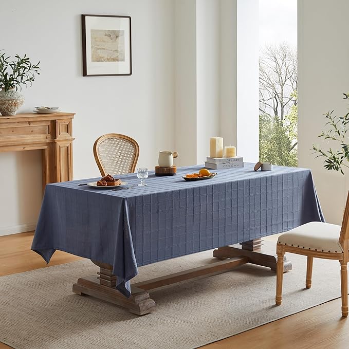 ZeeMart Linen Checked Table Cloth, Farmhouse Style Plaid Embroidered Blue Tablecloth, Water Resistant Rectangle Table Cloth, Blue 52x70 Inches