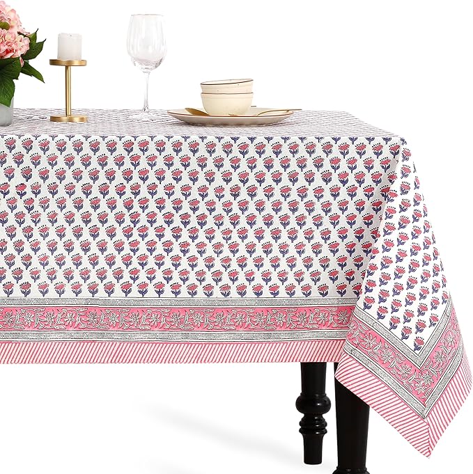 CPC Tablecloth 100% Cotton 72x160 Inch Indian Block Print Rectangle Table Cover, Pink Table Cloth for Weddings, Spring/Summer, Barbeque - Pink Sapphire