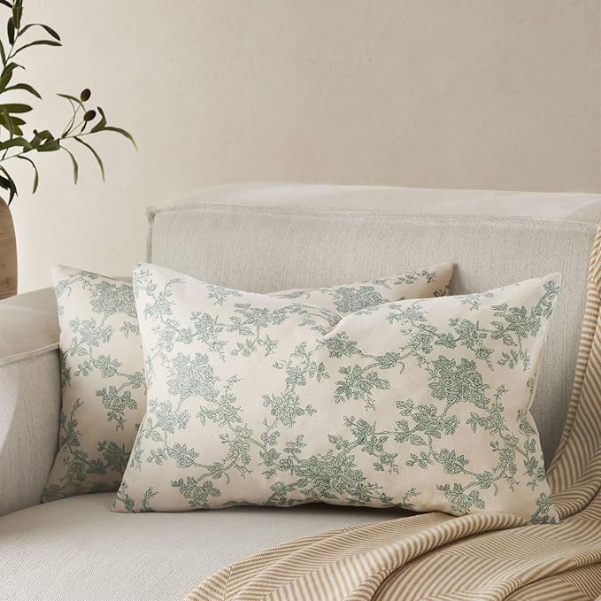 100% Cotton French Pastoral Lumbar Throw Pillow Covers Set of 2, 12x20 Inch Vintage Green Farmhouse Decorative Cushion Covers for Sofa Bed Living Room Home Decor