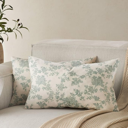 100% Cotton French Pastoral Lumbar Throw Pillow Covers Set of 2, 12x20 Inch Vintage Green Farmhouse Decorative Cushion Covers for Sofa Bed Living Room Home Decor