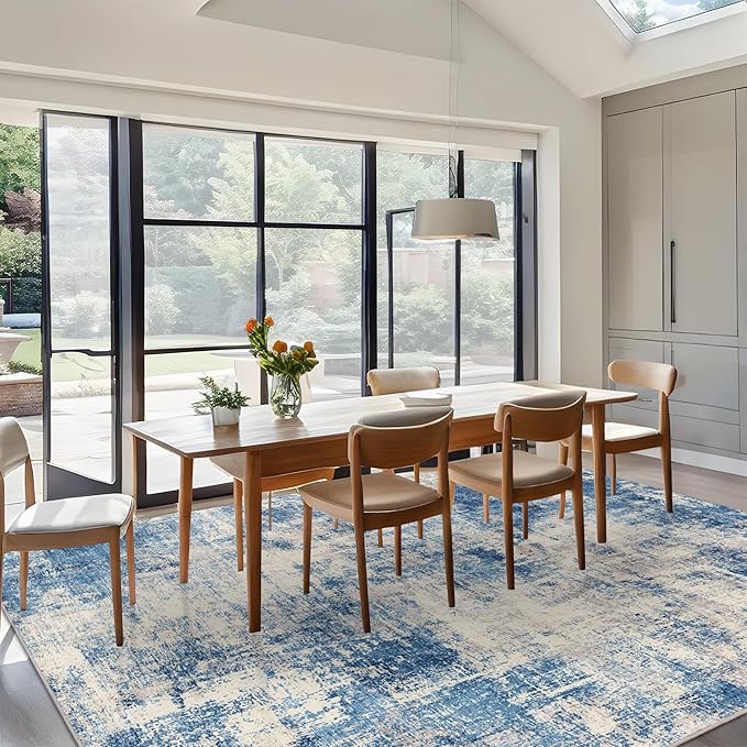 9x12 Modern Abstract Rug Washable Area Rugs for Living Room Bedroom Dining Room Non-Slip Low Pile Neutral Large Rug Soft Indoor Floor Carpet, Blue
