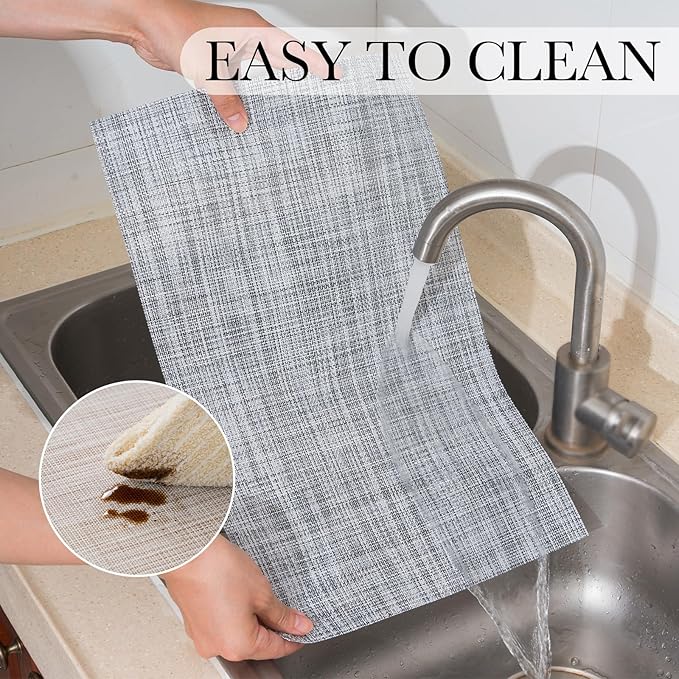BACKTOEDEN Placemats Set of 8 Heat Resistant Washable Wipeable Placemat Woven Non-Slip Foldable Vinyl/Plastic Place Mats Indoor/Outdoor Mat Kitchen Dining Table Pad, Gray