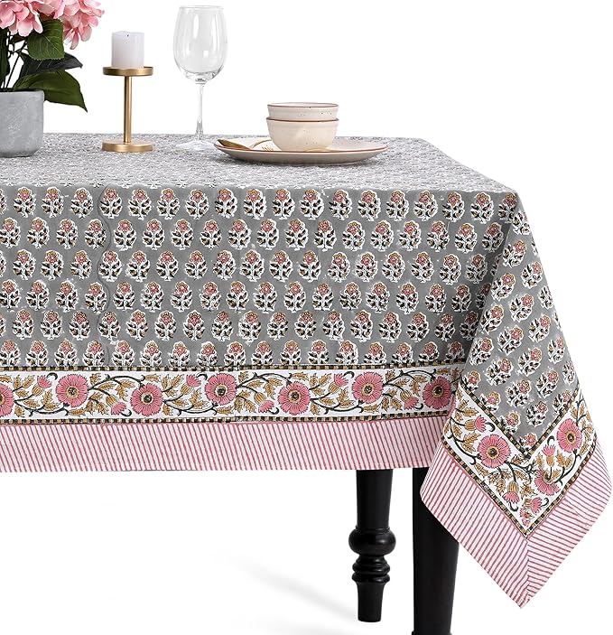CPC Tablecloth 100% Cotton 70x118 Inch Indian Block Print Rectangle Table Cover, Table Cloth for Weddings, Spring/Summer, Barbeque - Labra Gray