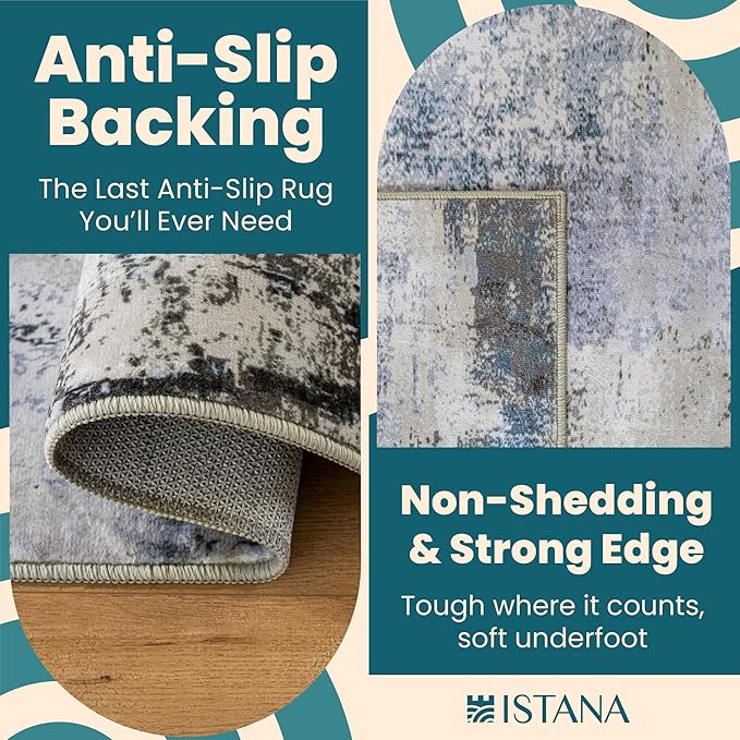 Istana Hallway Runner Rug 2.5x8 - Grey Navy Kitchen Rugs Non Slip Washable -Silk's Soft Touch Carpet Runner - Stylish Rugs for Home