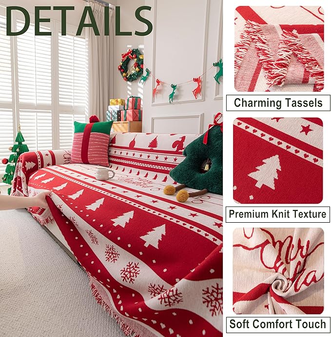 Christmas Couch Cover, Red Sofa Covers for 3 Cushion Couch, L Shape Sectional Protector for Dogs Washable, Reversible Throw Blanket Slipcover, Christmas Chair Decorations Gifts(71"x118", Red)