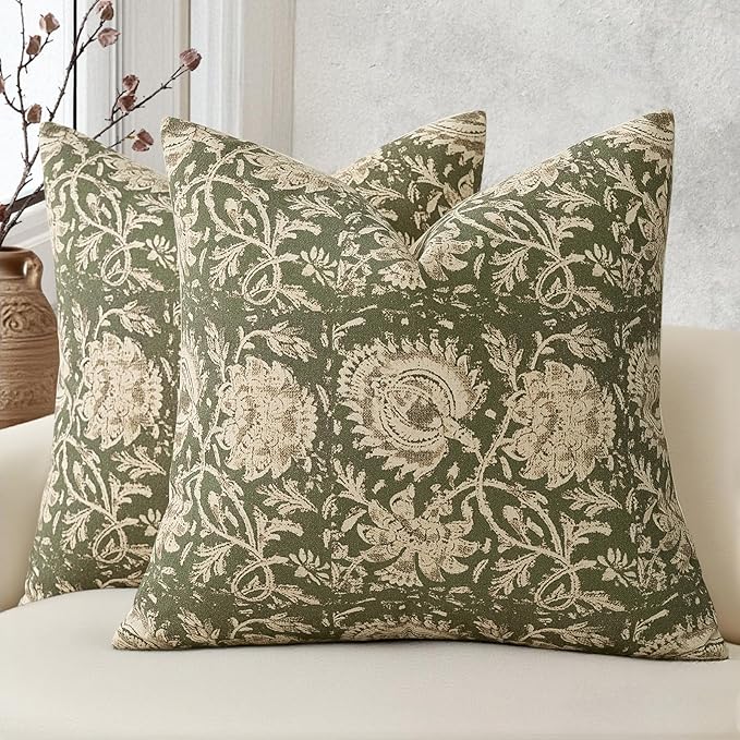 Vintage Floral Print Throw Pillow Covers 16x16 Set of 2 Neutral Modern Farmhouse Accent Decorative Cushion Covers Boho Home Decor for Couch Sofa Chair Bed Living Room, Olive Green