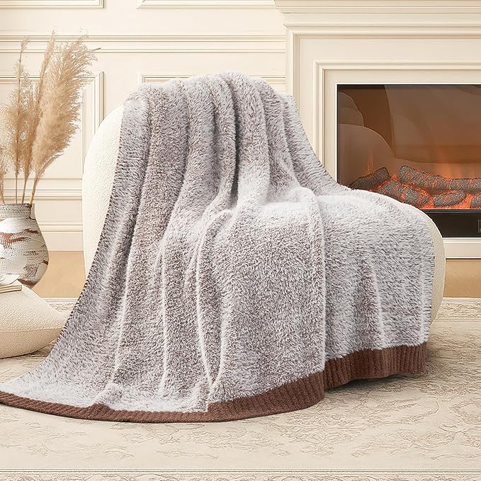 Amélie Home Knit Throw Blanket for Couch, Super Soft Fuzzy Blanket for Sofa, Luxury Cozy Fluffy Throw for Room Decor, 50" x 60", Heather Brown