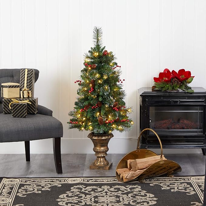 Nearly Natural 4ft. Pine, Pinecone and Berries Artificial Christmas Tree with 100 Clear LED Lights in Decorative Urn