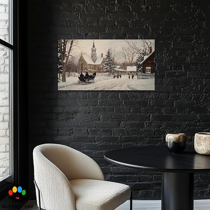GUTTATY Winter Christmas Canvas Wall Art, Snow Village Scene Canvas Prints, Classic Church Horse Sleigh Wall Painting, Country Winter Pictures Decor for Living Room, Farmhouse, Entryway, 24x12 Inch