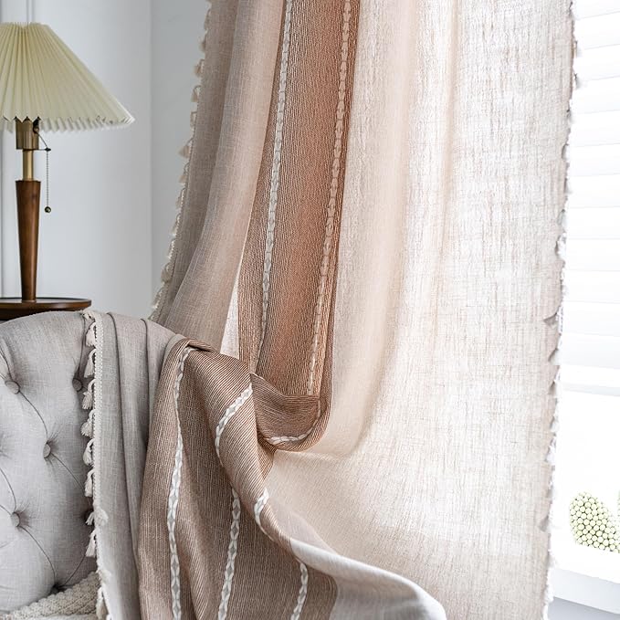 Sutuo Home Boho Curtains 108 inch for Living Room Balcony, Semi Blackout Linen Farmhouse Shabby Chic Tassel Window Treatment Bohemian Embroidery Drape, Rod Pocket 1 Panel 52" W x 108" L, Coffee Linen