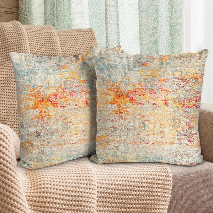 Boho Floral Throw Pillow Covers 18x18 inch Set of 2,Cream Boho Rug Geometric Floral Pattern Decor Double Sided Pattern Cushion Cover Soft Pillow Case Living Sofa Room Bed Square Pillow Cover