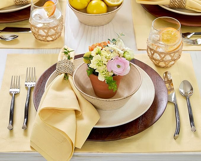 Solino Home Linen Napkins Set of 4-100% Pure Linen Golden Straw Dinner Napkins Cloth 20 x 20 Inch - Fete, Handcrafted and Machine Washable