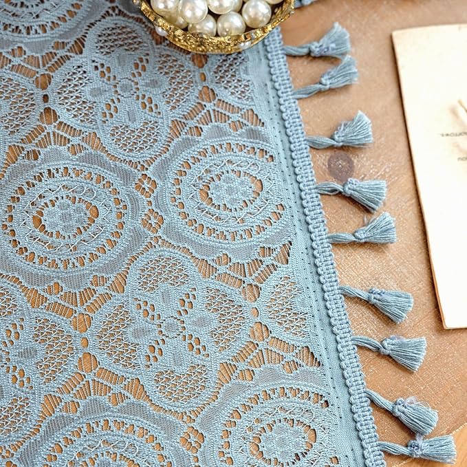YJ YANJUN Blue Boho Curtains for Bedroom -63 Inch Length 2 Panels, Lace Sheer Curtains for Living Room, Floral Embroidered, Coastal Cottagecore Farmhouse Style W59 x L63 Dusty Blue