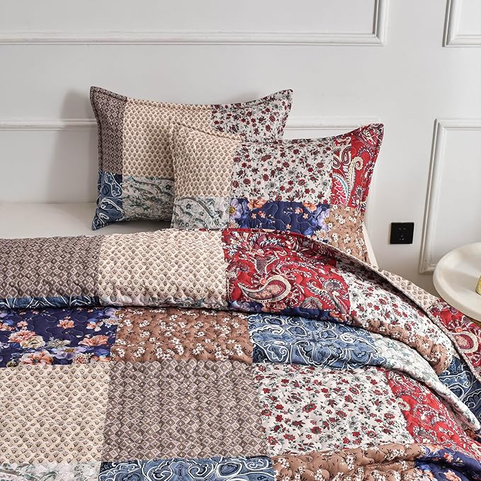 DURLENGEN Floral Quilt Set Queen Size 3Pcs, Bohemian Floral Plaid Styling Bedspread, All Season Lightweight Coverlet Sets(Queen 90x96, Navy Floral Plaid)