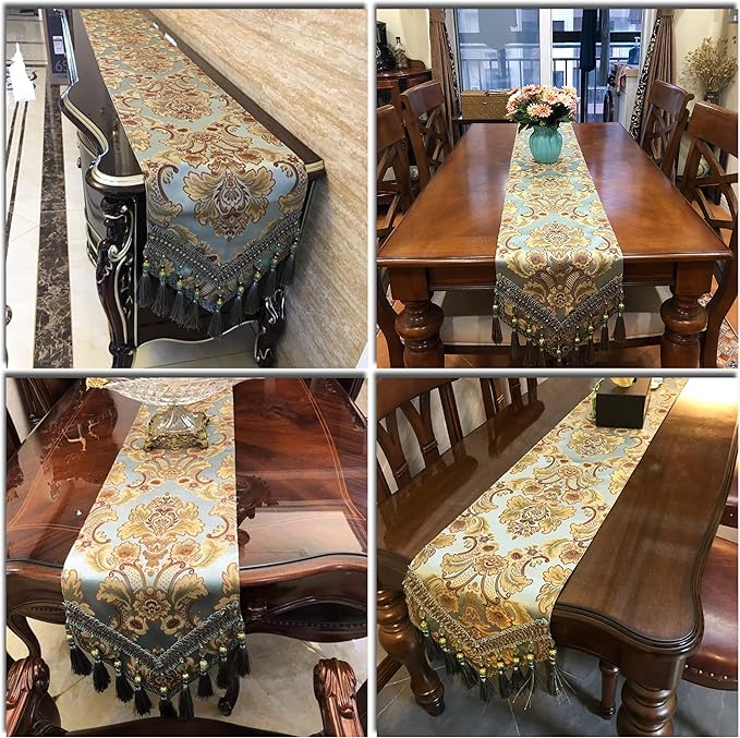 Extra Luxury Velvet Blue Table Runner 120 Inches Long with Vintage Damask Jacquard Design for Dining Room,Living Room,Home Decor,Elegant Beaded Tapestry (Dark Cyan, 13×120 inch)