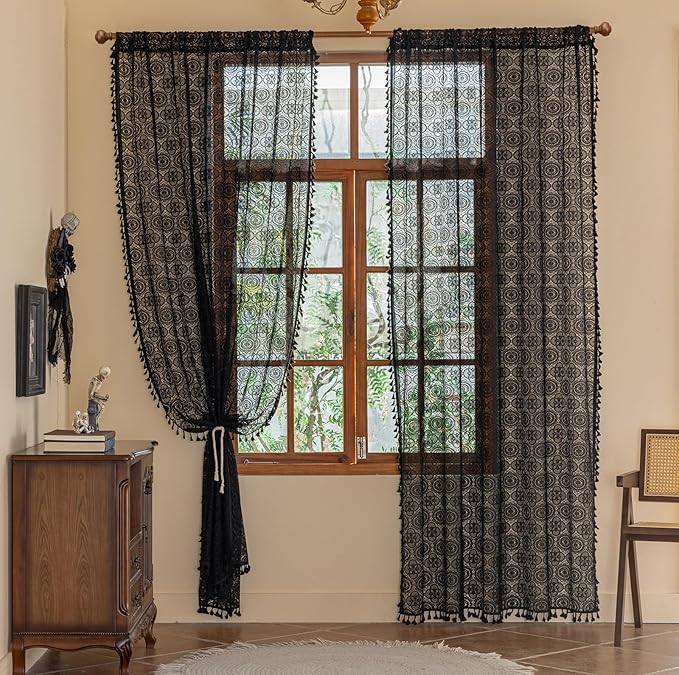Black Lace Curtains 72 inches Long 2 Panels Boho Tassel Sheer Black Curtains Vintage Trellis Floral Motifs Goth Curtains for Living Room Dining Room Gothic Victorian Décor 6 FT W59 x L72 Black