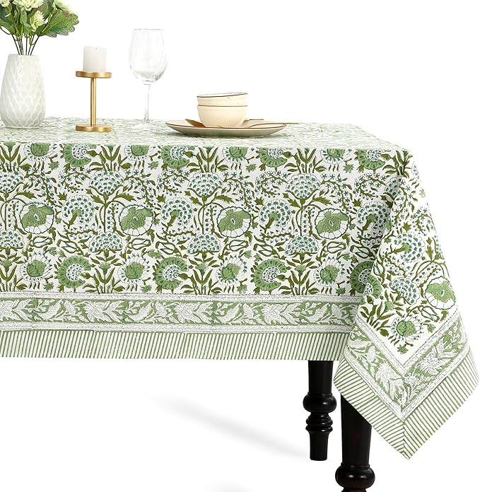 CPC Tablecloth 100% Cotton 72x160 Inch Indian Block Print Rectangle Table Cover, Green Table Cloth for Weddings, Spring/Summer, Barbeque - Agate Green