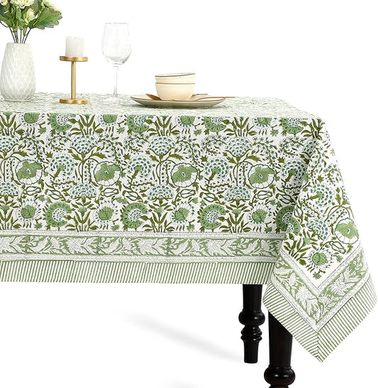CPC Cotton Tablecloth 80x120 Inch Rectangle Indian Block Print Tablecloth- Green Washable Wedding Table Cover for Thanksgiving/Christmas- Agate Green