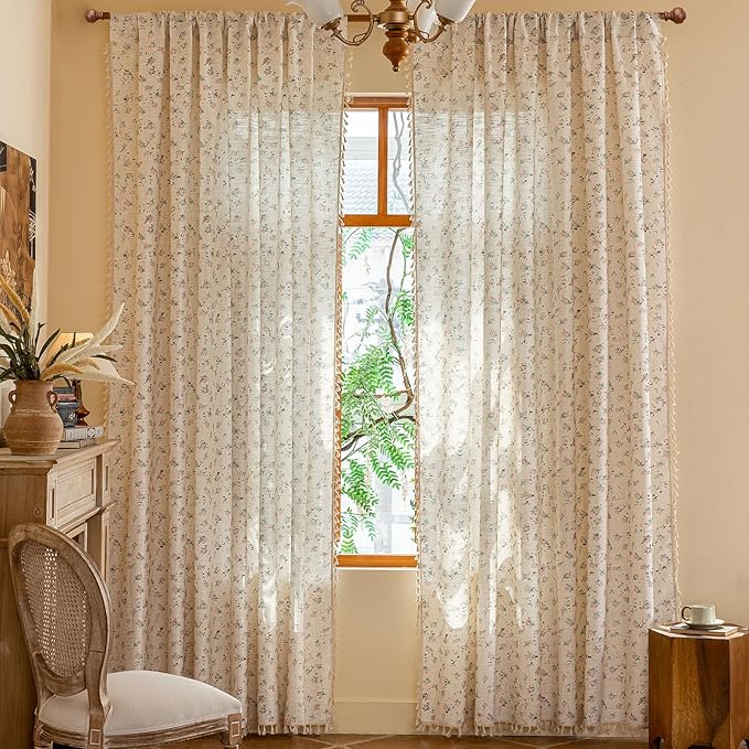 OYX Boho Floral Curtains 96 Inch Length 2 Panels for Living Room, Bedroom Light Filtering Drapes, Farmhouse Vintage Country French Rustic Tassels Pattern Rod Pocket Aesthetic Decor Window Treatments
