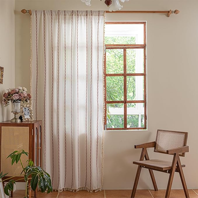 Sutuo Home Boho Curtains 63 Inch Length for Kitchen Bedroom Living Room, Light Filtering Cotton Embroideried Bohemian Striped Semi Blackout Farmhouse Decor, White and Terracotta 1 Panel W52 x L63