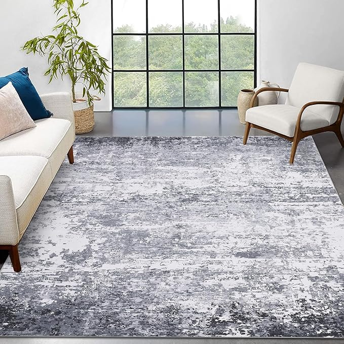 Washable Rugs 5x7 Area Rugs Modern Abstract Faux Wool Rug Ultra-Soft Low Pile Accent Rug Stain Resistant Carpet Modern Abstract Rugs for Bedroom with Non Slip Backing, Light Grey