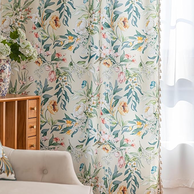 Boho Floral Curtains French Country Farmhouse Curtains 72 Inches Long Light Filtering Window Rod Pocket Drapes for Living Room 2 Panels-Green Floral
