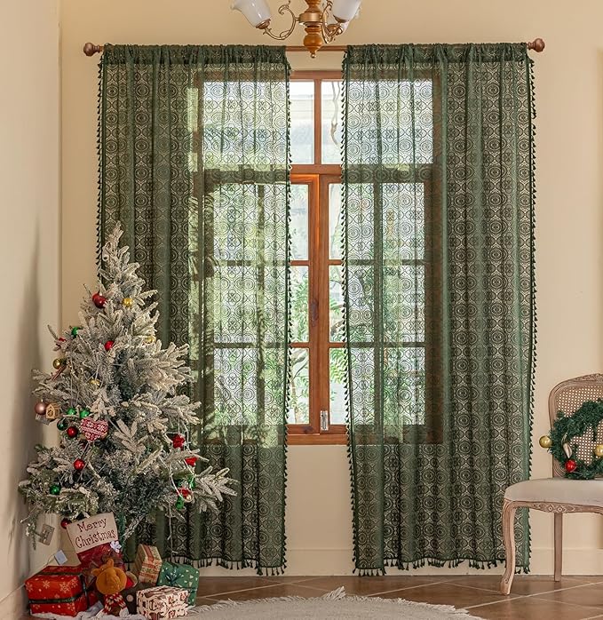 Dark Green Lace Curtains 84 Inch Long for Living Room 2 Panels Vintage Boho Look Floral Crochet Pattern Tassels Sheer Curtain Panels for Closet Doors Light Filtering 70s Curtains 59" W x 84" L