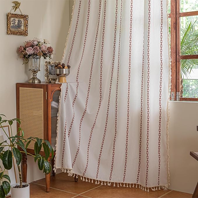 Sutuo Home Boho Curtains 63 Inch Length for Kitchen Bedroom Living Room, Light Filtering Cotton Embroideried Bohemian Striped Semi Blackout Farmhouse Decor, White and Terracotta 1 Panel W52 x L63