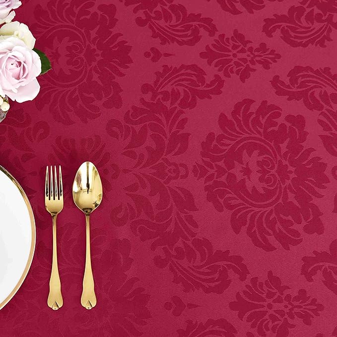 maxmill Square Table Cloth Damask Design Water Proof Wrinkle Free Heavy Weight Soft Tablecloth Decorative Fabric Table Cover for Outdoor and Indoor Use Square 60 x 60 Inch Ruby Red