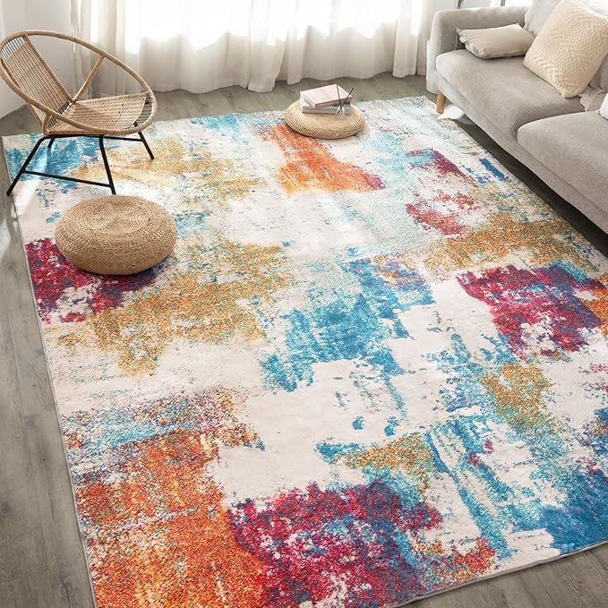 UMINEUX Living Room Rug 6'x9' Large Washable Area Rug with Anti-Slip Rubber Backing, Modern Abstract Low Pile Rugs, Ultra Soft & Thin, Non-Slip, Stain Resistant for Dining Room Bedroom Home Decor