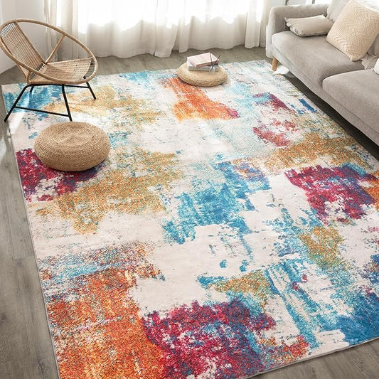 UMINEUX Living Room Rug 6'x9' Large Washable Area Rug with Anti-Slip Rubber Backing, Modern Abstract Low Pile Rugs, Ultra Soft & Thin, Non-Slip, Stain Resistant for Dining Room Bedroom Home Decor