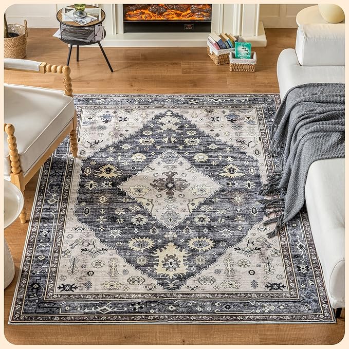 Istana Rugs 5x7 - Dark Grey Blue/Rose Mauve Rug - Foldable 5x7 Area Rugs Non Slip - Non Shedding Area Rugs - Washable 5 x 7 Rugs w/Soft Microfiber - Eco Friendly Materials Area Rug