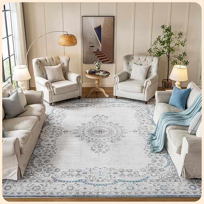 Istana Living Room Rug 10x14 - White Cream & Blue 10 x 14 Area Rug - Foldable Machine Washable Area Rugs 10x14 10x14 Area Rugs Boho - Stain Resistant Washable Rug 10x14