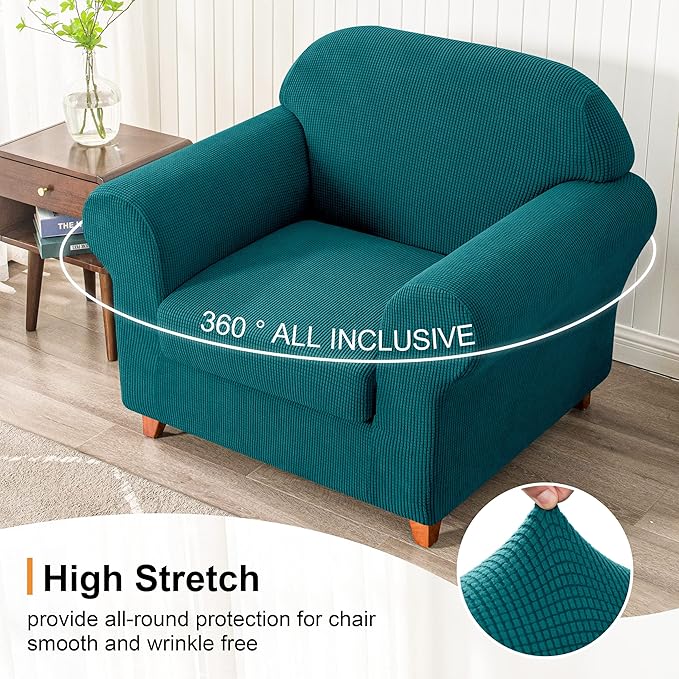 SUBRTEX Stretch Chair Covers 2 Piece 1 Seater Armchair Couch Sofa Cover Washable Furniture Protector with Elastic Bottom for Kids, Pets(Teal,Armchair)