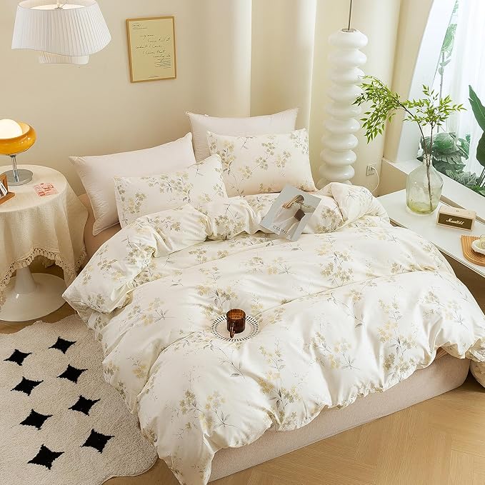 ECOCOTT Vintage Wash Painting Floral Duvet Cover Sets King Size,3 Pieces 100% Natural Cotton 1 Duvet Cover with Zipper and 2 Pillowcases, Ultra Soft and Easy Care Breathable Cozy Bedding Set