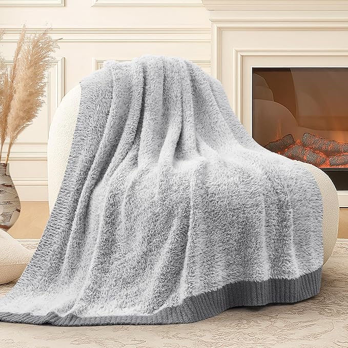 Amélie Home Knit Throw Blanket for Couch, Super Soft Cozy Fuzzy Throws for Sofa Bed Living Room, Luxury Cozy Fluffy Throw for Room Decor, 60" x 80", Heather Grey