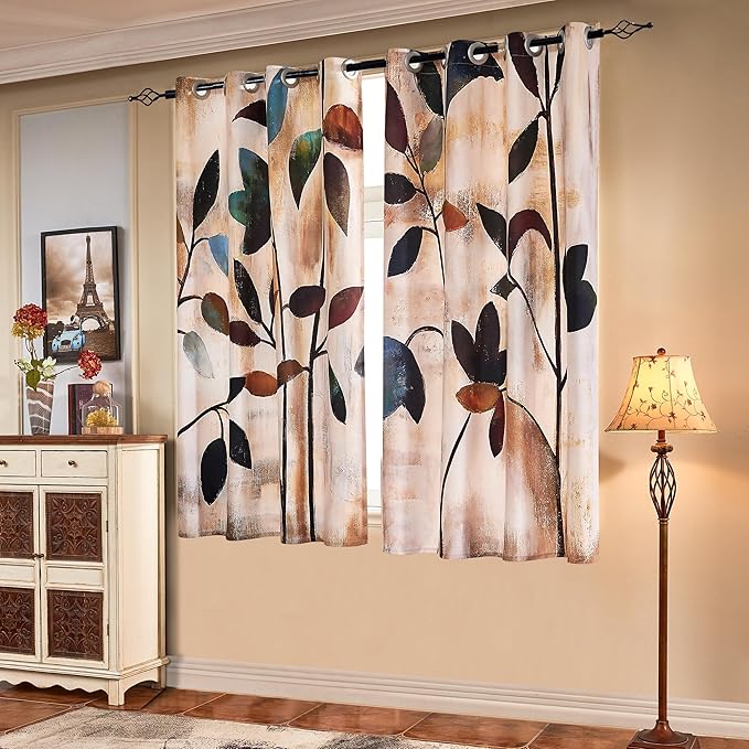 SUBRTEX Light Flitering Curtains 52Wx63L, Room Darkening Vibrant Floral Drapes, 50% Blackout, Semi Sheer Boho Farmhouse Curtains for Living Room, Brown