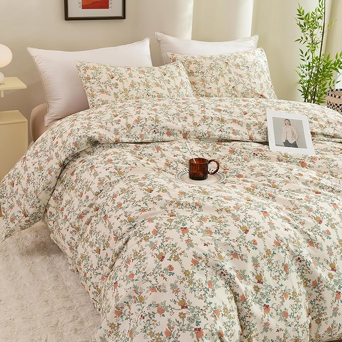 ECOCOTT Floral Duvet Cover King Size – 3 Piece 100% Washed Cotton Bedding Set with Zipper Closure, Soft Lightweight Breathable Botanical Print Comforter Cover for Spring Summer Bedroom Decor