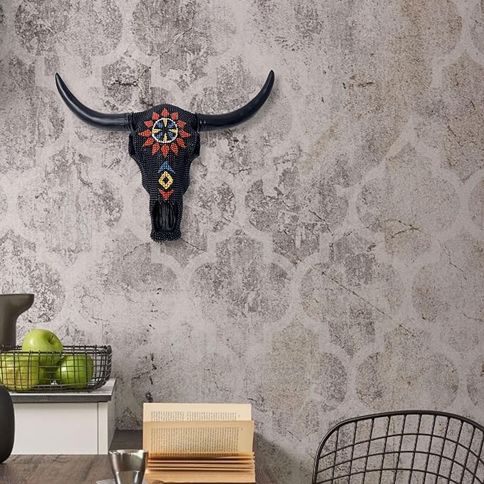 BestGiftEver Wall Sculpture Black Beaded Bull Skull - Steer Head Southwestern Rustic Aztec Tribal Style Wall Decor - Cow Skull Western Native American Home Decor for Hunting Enthusiasts