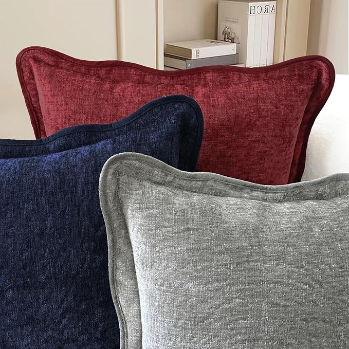 CaliTime Throw Pillow Covers Decorative 18 X 18 Inches Pack of 2 Cozy Chenille Scalloped Wavy Edge Cushion Cases for Couch Sofa Bed Living Room Farmhouse Burgundy