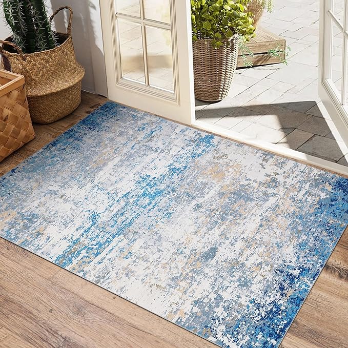Modern Abstract 2x3 Area Rug Non Slip Non Shedding Low Pile Stain Resistant Rug for Entryway Kitchen Bedroom,Blue/Grey