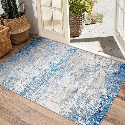 Modern Abstract 2x3 Area Rug Non Slip Non Shedding Low Pile Stain Resistant Rug for Entryway Kitchen Bedroom,Blue/Grey