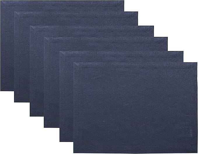 Solino Home Linen Navy Blue Placemats Set of 6-100% Pure Linen Placemats 14 x 19 Inch for Christmas, Holiday, Winter, New Year - Fete