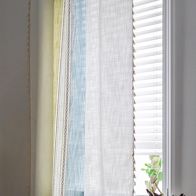 Sutuo Home Boho Curtains 72 inch Length for Bedroom Living Room, Semi Blackout Farmhouse Tassels Window Treatment Bohemian Embroidery Drape, Rod Pocket 1 Panel 52" W x 72" L, Green Blue Striped Linen