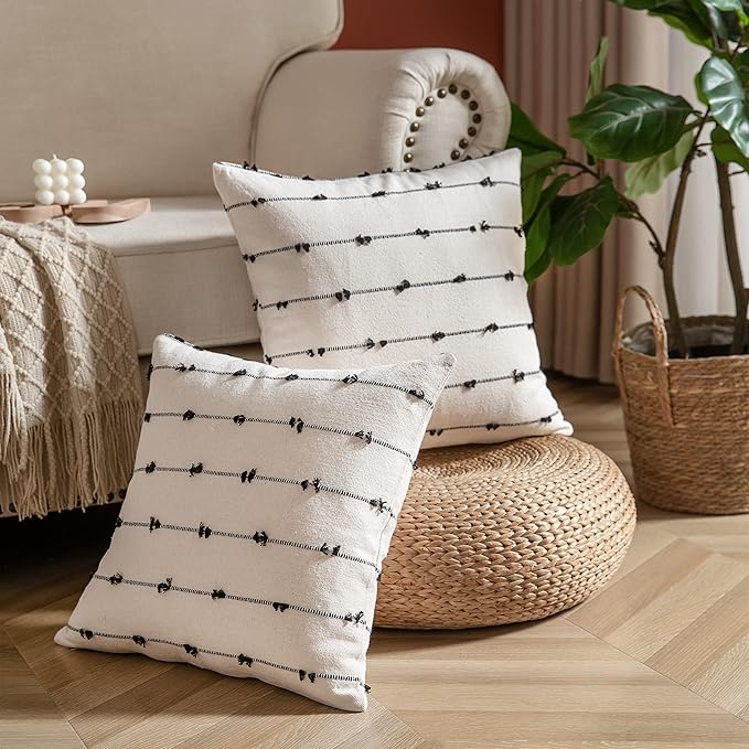 Caflife Boho Throw Pillow Covers 20x20 inches Beige and Black, Set of 2 Modern Farmhouse Decorative Pillow Covers for Couch Bed, Living Room